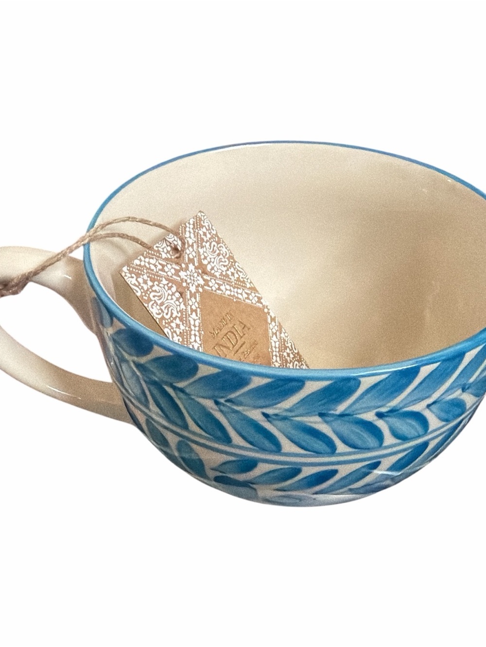 Hand Painted Bohemian Indian Blue Leaf Pattern Ceramic Mug